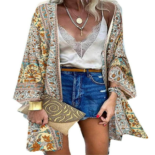 CHOK Blouse à Manches Longues Imprimée Boho Grande Taille pour Femmes, Kimono Cardigan Décontracté d'Été