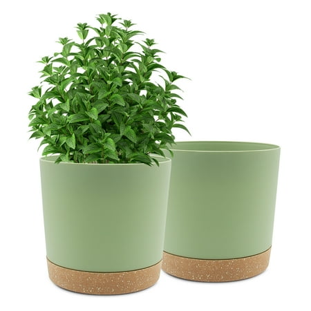 QCQHDU 2 Pack Plant Pot  Green Plastic Indoor Planter With Drainage Holes And Removable Base
