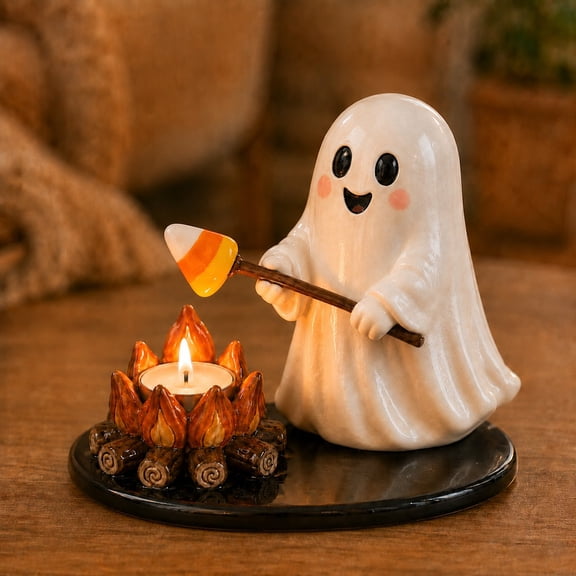 Halloween Ceramic Figurine Candle Holder - Cute Ghost Collectible Statue, Decorative Marshmallow Roasting Sculptures for Autumn Home Halloween Decor