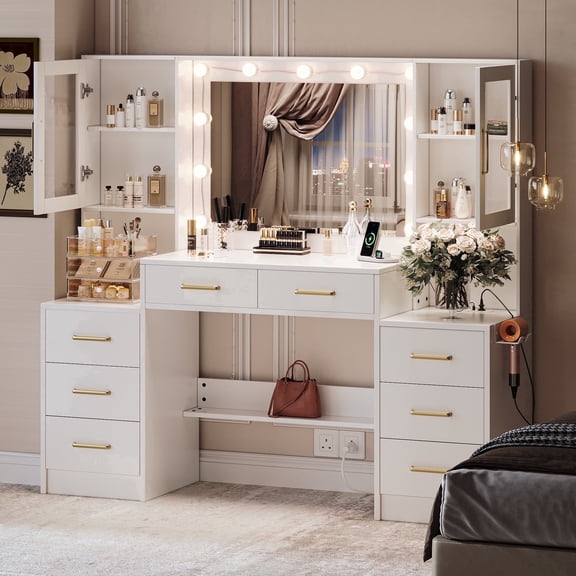 UGTOO 58.27" Modern LED Makeup Vanity Desk with Mirror & Lights, 10 Adjustable LED Bulbs, 8 Drawers 2 Cabinets, White Farmhouse/Minimalist Design