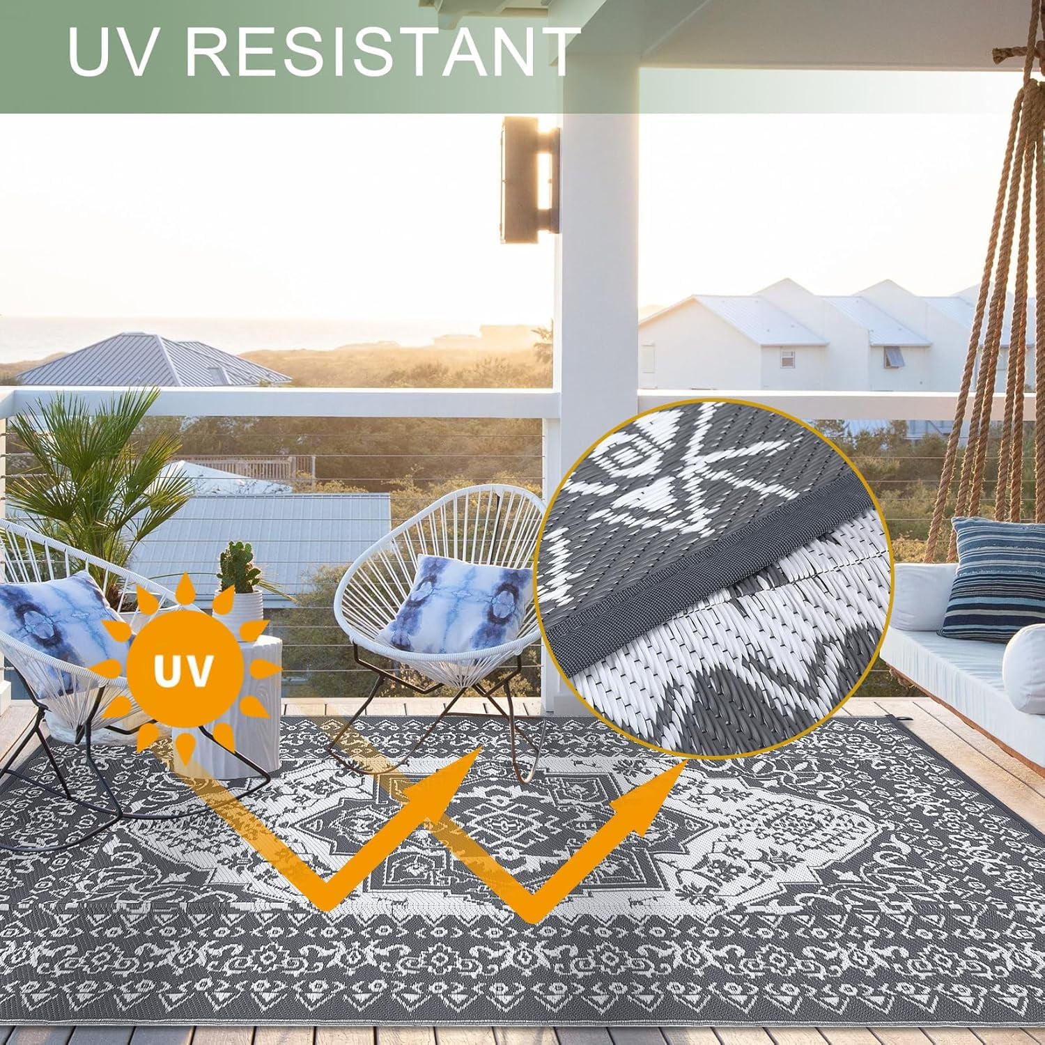 Riedhoff Outdoor Rug 12' X 9', Reversible, Foldable, Gray & White Patterned