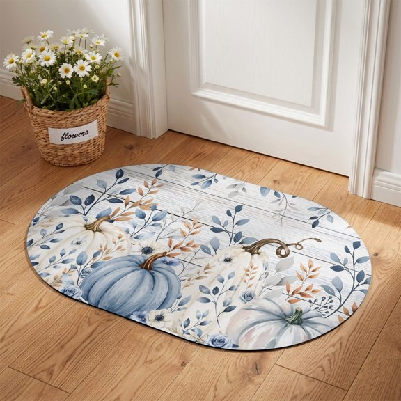 Thanksgiving Diatomaceous Earth Bath Mat, Fall Harvest Blue White Pumpkin Rose Leaf Wood Grain Oval Non-Slip Quick Dry Door Mat Super Absorbent Bath Rug for Bathroom Kitchen Laundry 16x24in