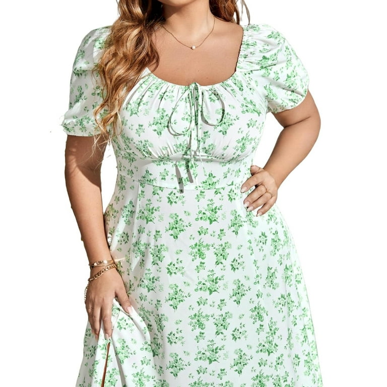 Green Puff Sleeve Midi Hem Dress Green Puff Sleeve Midi Hem Dress