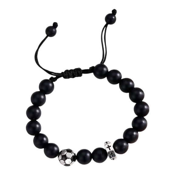 Black Onyx Beaded Bracelet for Men, Matte Stone Beads with Alloy Football Charm, Stainless Steel Cross Bracelet, Adjustable Cord Faith Jewelry Gift for Athletes