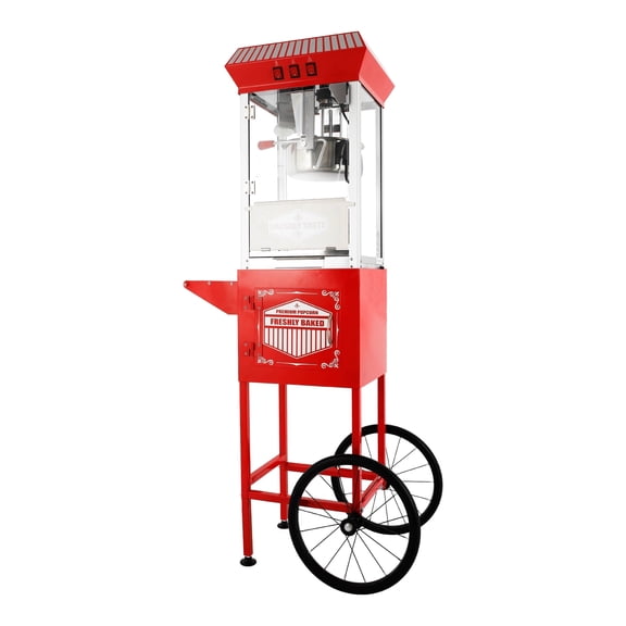 XH-P831-P Movie Theater-Style Popcorn Machine Maker with Cart and 12-Ounce Kettle - Red, Vintage-Style Popper on Wheels