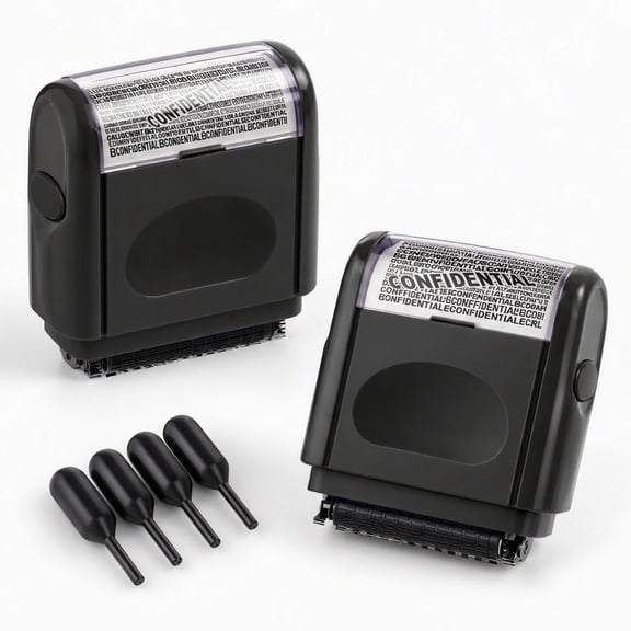 YEMNPIOS 2 Pack Identity Protection Roller Stamp with 4 Refill Ink for Privacy Confidential Data Address Security Black