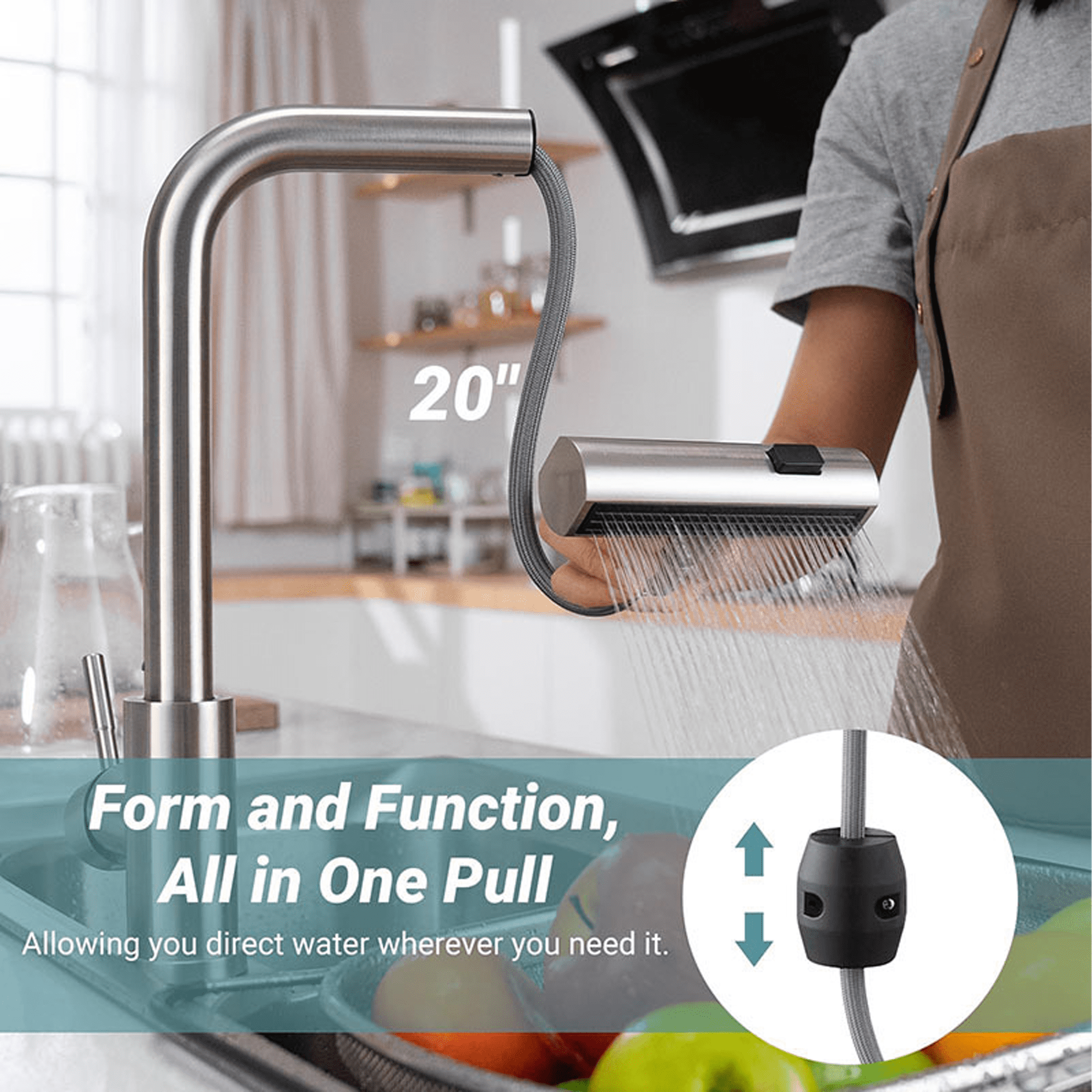 SERABETTO silver Kitchen Faucets with Pull Down Sprayer,Waterfall Kitchen Sink Faucet,3 Modes(Sweep/Stream/Waterfall) Rotary Switch