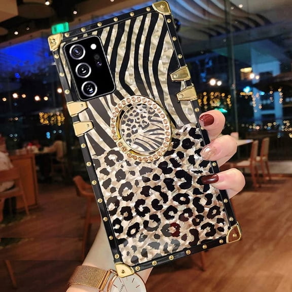 for Samsung Galaxy A50 Trunk Case,Fashion for Women Girls Box Design Gold Glitter Bling Cute Leopard Pattern Soft Cover with Finger Ring Grip Kickstand Phone Skin
