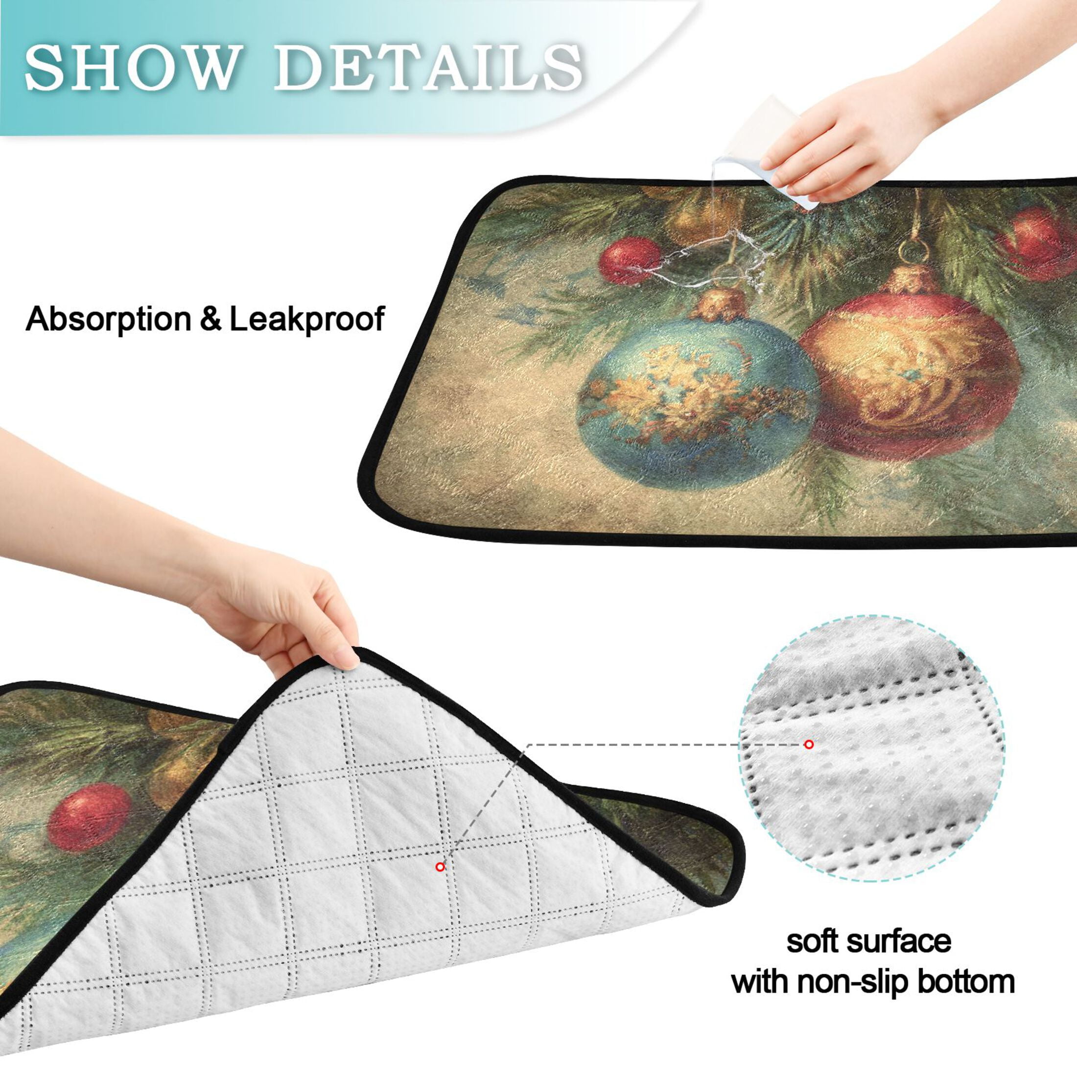 Qxltty Vintage Christmas Ball Cat litter Pads Pet Set of 2 Diaper Mats Center Anti-leakage Layer Absorbent Soft and Comfortable