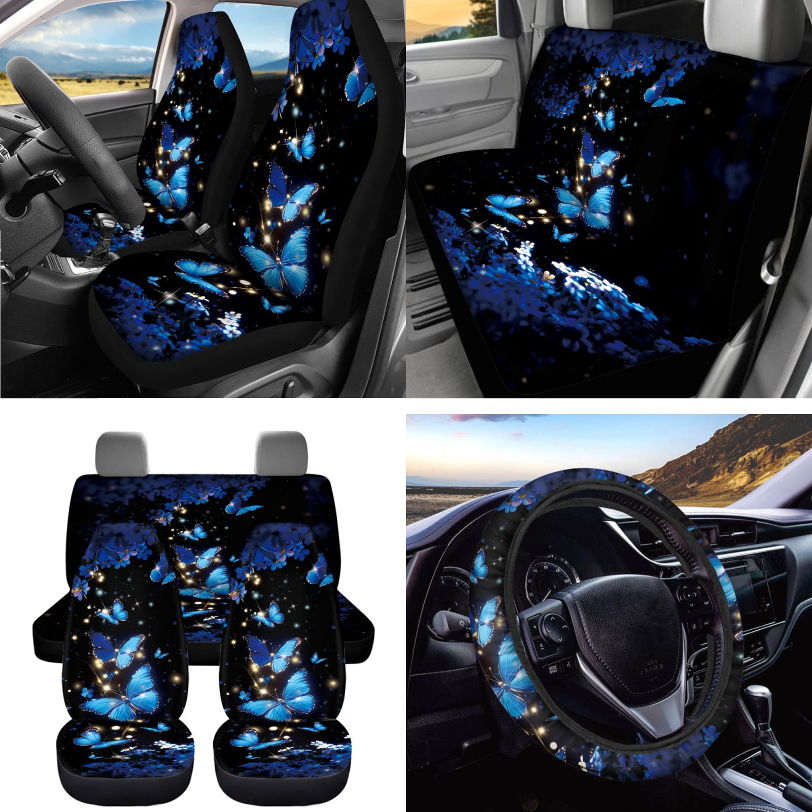 Jeiento Butterfly Car Front Back Seat Covers with Steering Wheel Cover Seat Belt Pads Cup Coasters Garbage Cans Rear View Mirror Cover Keychain Blue Air Vent Storage Holder Set of 15