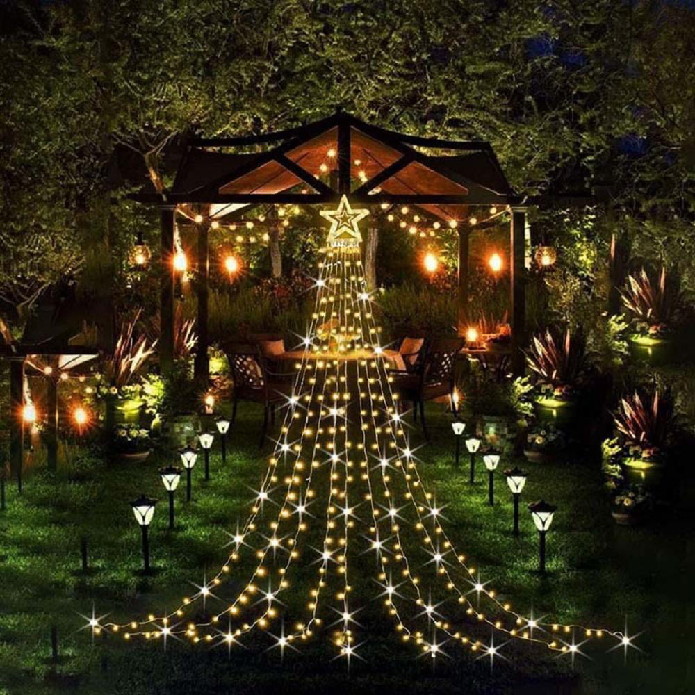 350LEDs Waterfall Christmas Tree Lights with Topper Moon Star 8 Modes Timer  Q