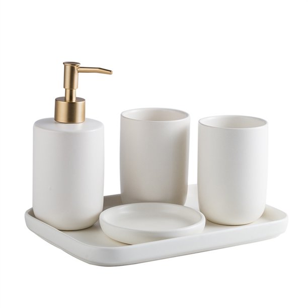 El juego de accesorios de baño de 5 piezas incluye: 1 dispensador de jabón en loción, 2 vasos for enjuague bucal, 1 jabonera y 1 bandeja, juego de accesorios de baño