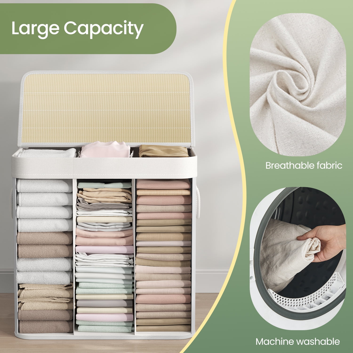 LEDREM Laundry Hamper 3-Section, 39.6 Gallons Bamboo Laundry Basket with Lid, Foldable Removable Washable Liner,White