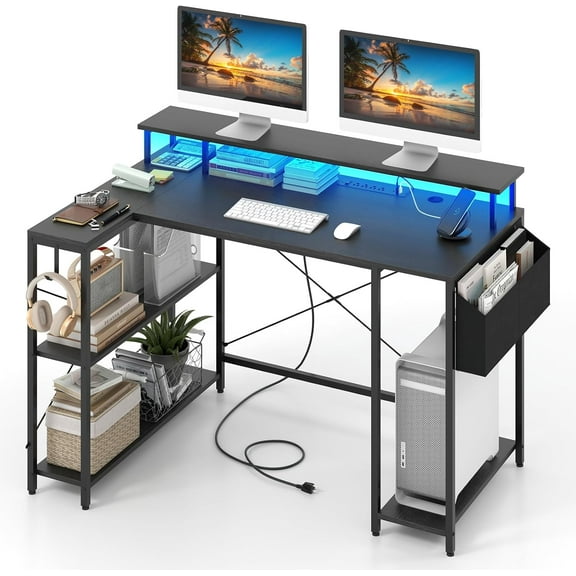L-Shaped Gaming Desk with LED Lights & Power Outlets, 48
