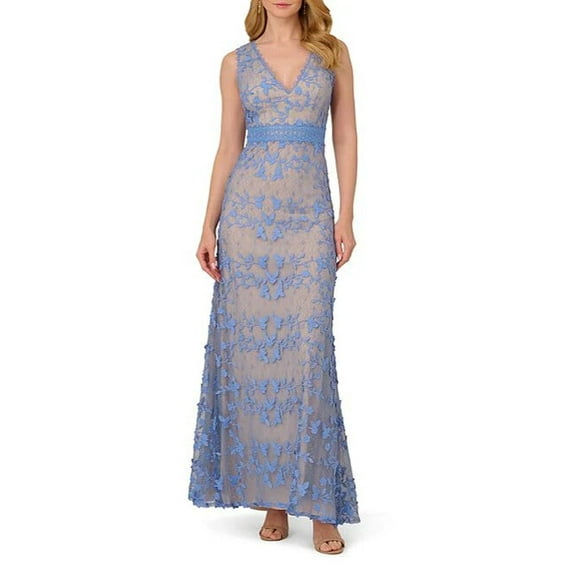 Adrianna Papell Embroidered Lace V-Neckline Sleeveless Sheath Gown Dress Color: PERI BLUE, Size: 6