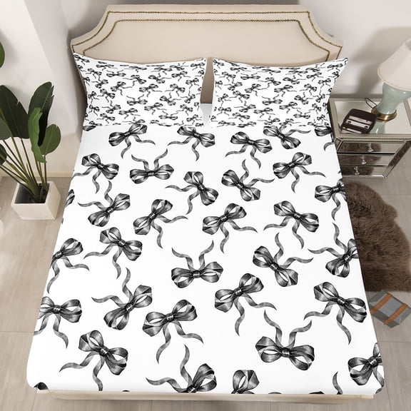 Erosebridal Cute Bowknot Fitted Sheet Set Queen,Black and White Fitted Sheet Queen,Bedroom Decor(No Top Sheet)