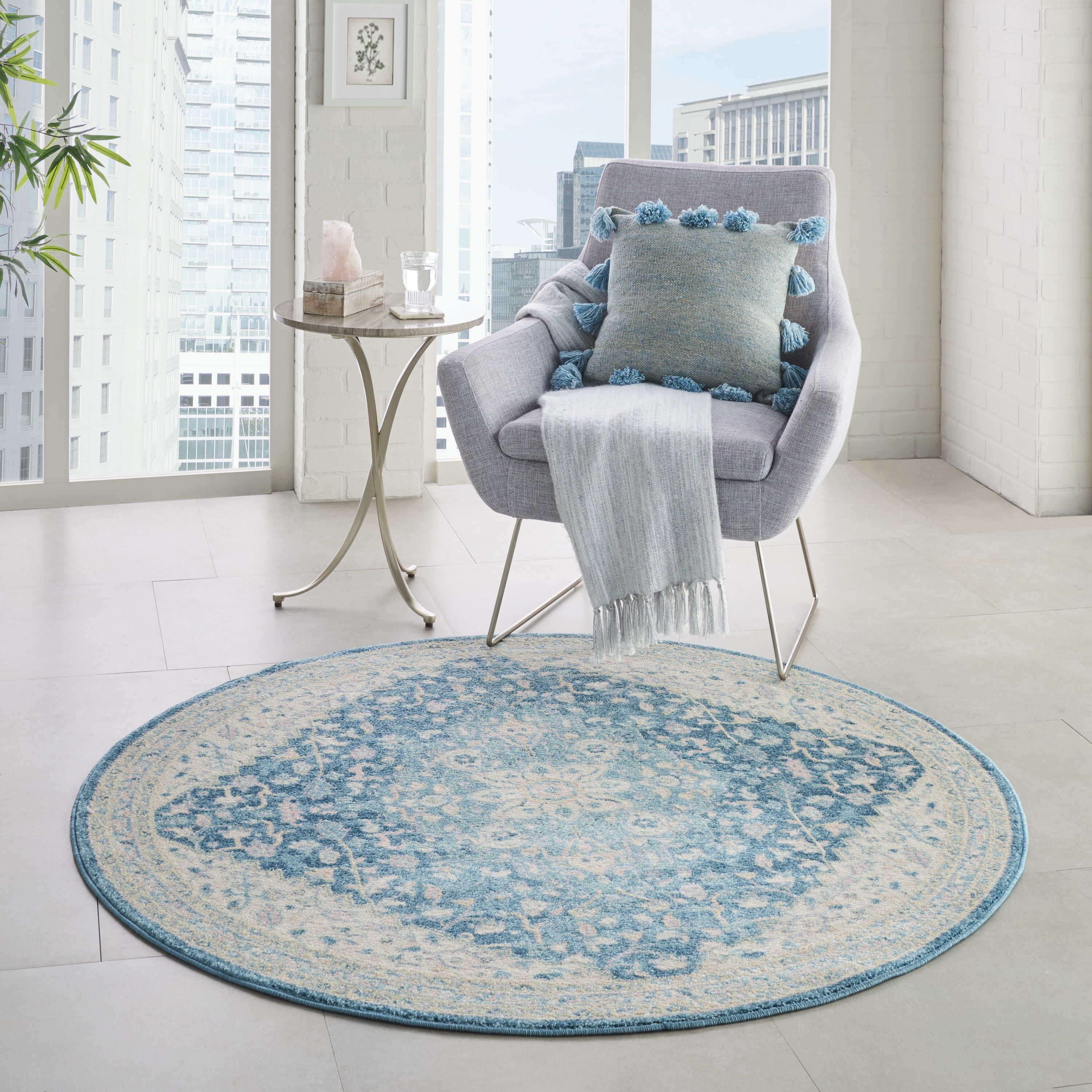 Serene Persian Medallion Ivory/Turquoise 5'3" x ROUND Area Rug, (5' Round)