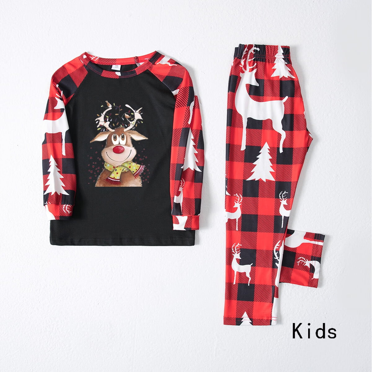 Christmas Cartoon Deer and Letter Print Red Family Matching Raglan Long-sleeve Striped Pajamas Sets (Flame Resistant)