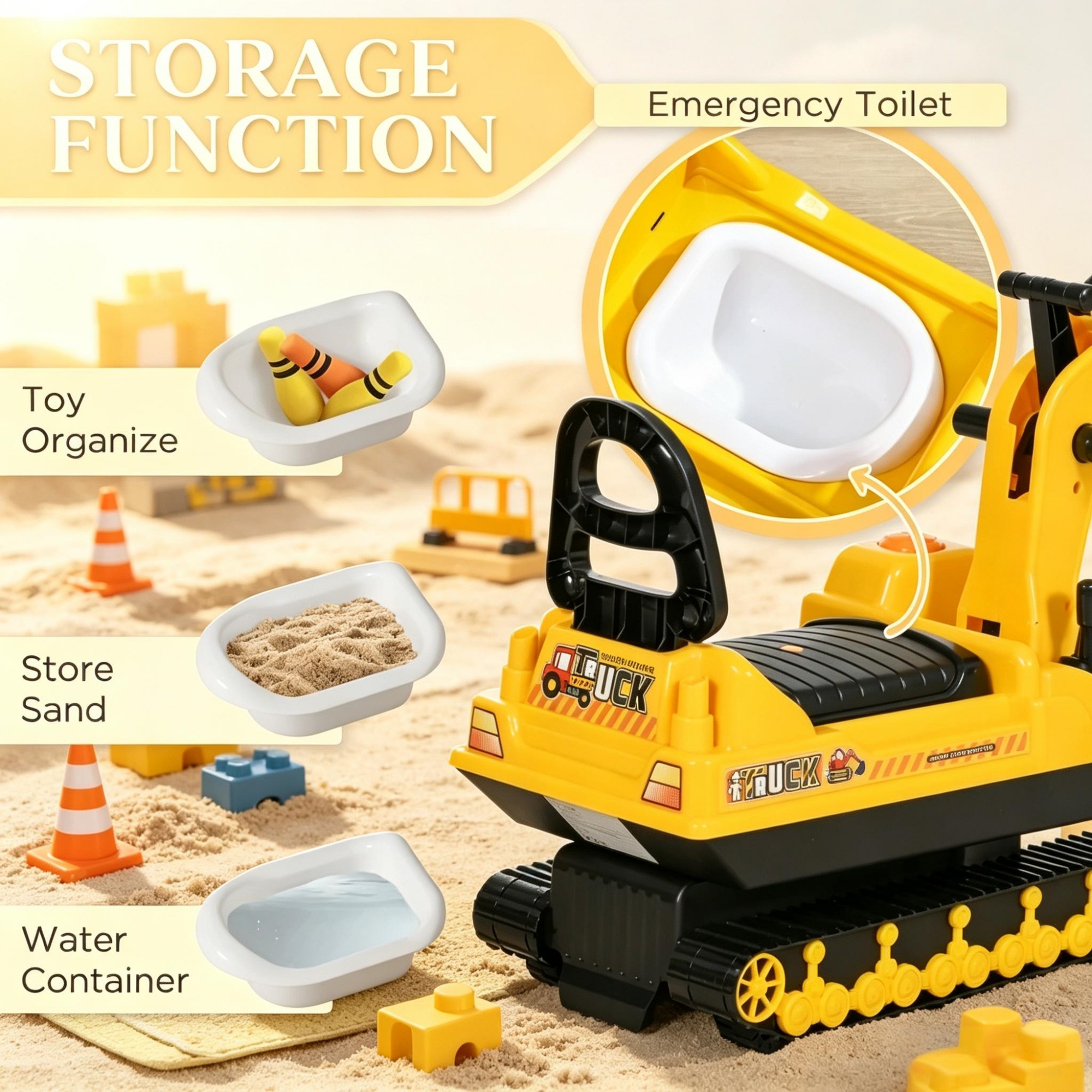 No Power Excavator Toy, Durable Ride On Tractors Digger Movable Scooter Walker, Basket Storage for 18-48 Months, Yellow Black