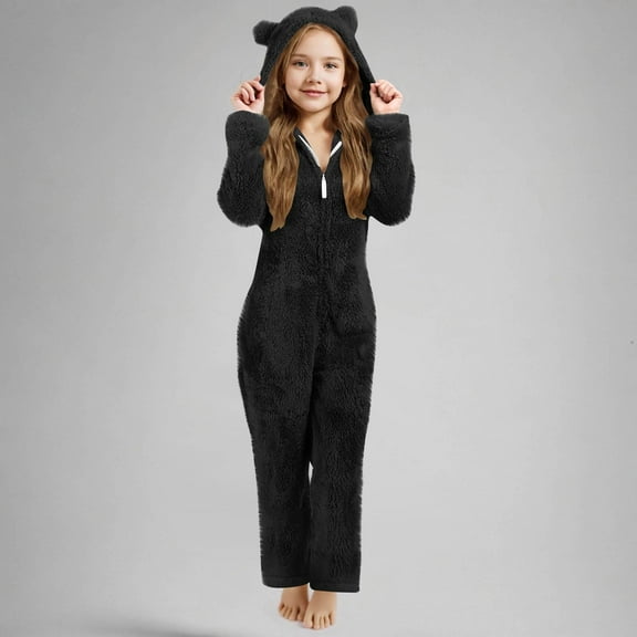 jobturf Girls Pajama Onesies Fuzzy Fleece Long Sleeve Hooded Rompers Casual Kids Full Zip up One Piece Cute Sleepwear 5-15 Years