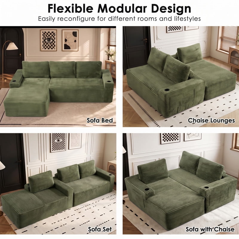 Anpport 104" Boneless Cloud Modular Sectional Couch, Corduroy Sofa with Cup Holders, Side Pockets, Deep Seat, No Assembly Required for Living Room, Green (L‑Shaped, Left Facing Chaise)