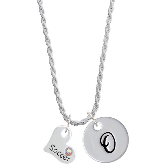 Delight Jewelry Heart with ''Soccer'' and AB Crystal Silvertone Script Initial Disc - O - Charm Necklace, 20"+3"