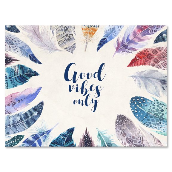 Designart ' Good VIbes Only Under Vibrant Blue Feathers ' Bohemian & Eclectic Canvas Wall Art Print