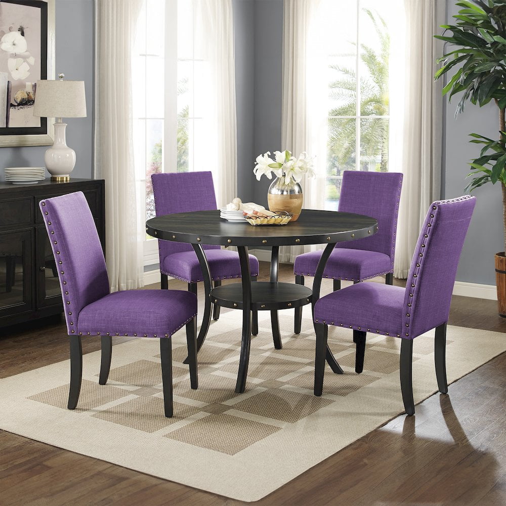 Roundhill Furniture Biony Fabric Dining Chairs with Nailhead Trim, Set of 2, Purple