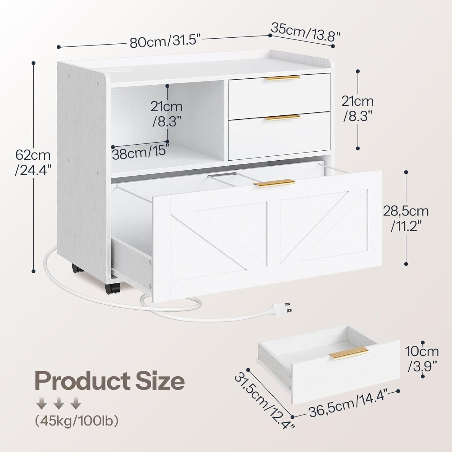 HOOBRO Rolling Wooden Lateral File Cabinet with Charging Station, Printer Stand & Open Storage, White
