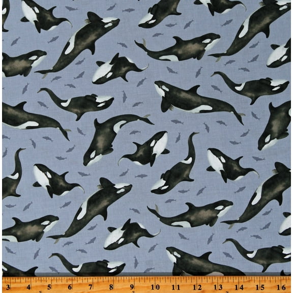 Cotton Orcas Killer Whales Ocean Animals Nautical Polar Plungers Blue Cotton Fabric Print by the Yard (7893-17)