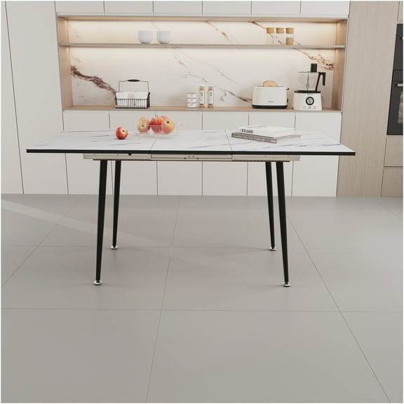 JERFIT Expandable Dining Table for 6, White Marble Pattern MDF Top with Black Metal Tapered Legs, Modern Industrial Kitchen Table
