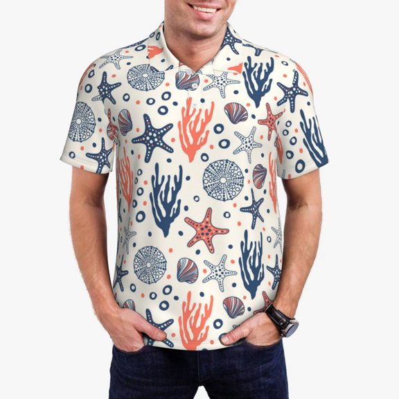 Rateoe Starfish Shell Pattern Men's Short Sleeve Polo Shirts, Golf Polo Shirts Short Sleeve Performance Moisture Wicking Dry-3X-Large