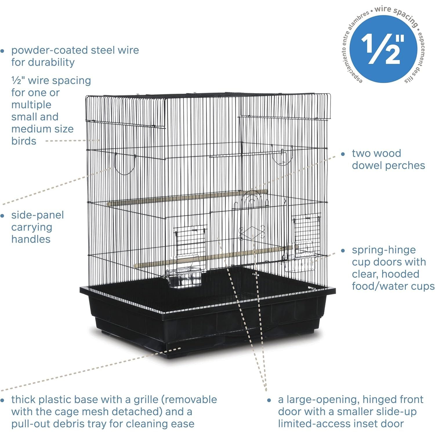 Square Roof Bird Cage - Durable Metal Bird Habitat with Spacious Interior
