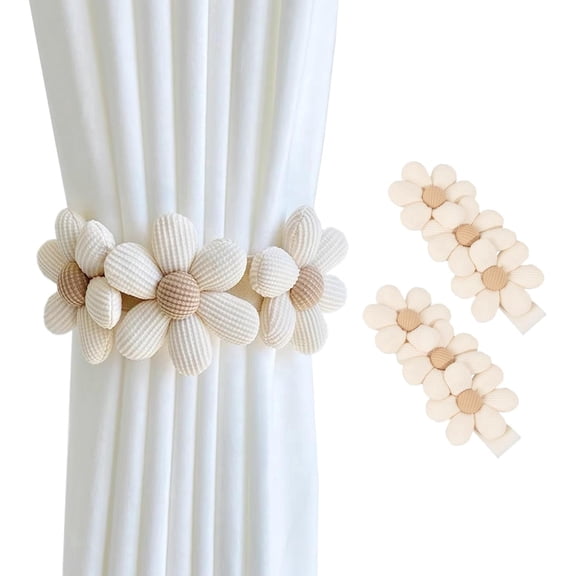 Curtain Tiebacks 2 Pack, Boho Decorative Curtain Holdbacks for Drapes, No Drilling Daisy Window Tie Backs for Bedroom Living Room, Daisy Cream