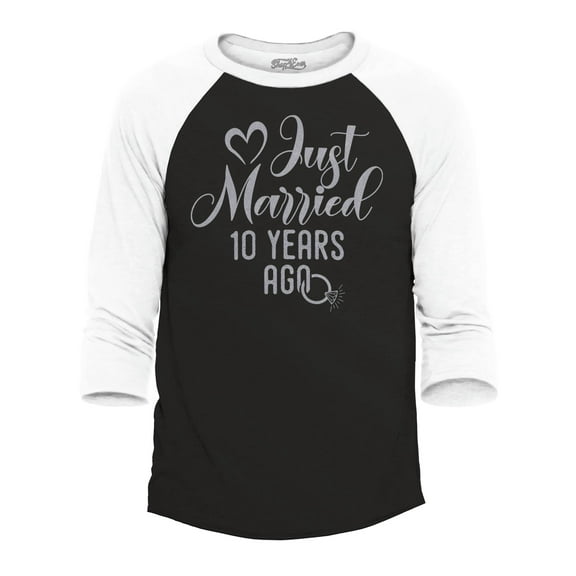 Shop4Ever Men's Just Married 10 Years Ago 10th Wedding Anniversary Raglan Baseball Shirt Small Black/White