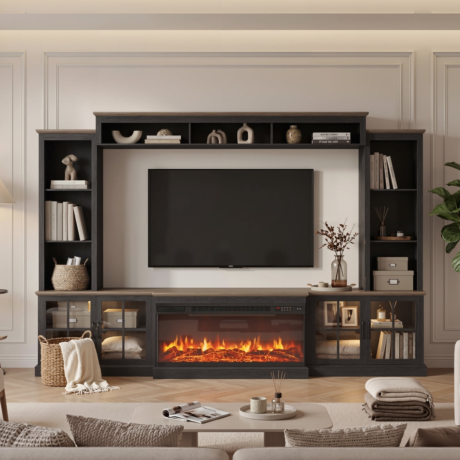 Sonegra 98" Farmhouse Entertainment Center with 36" Fireplace, TV Stand, Bookshelf, Cabinet, Fits TVs up to 75", Media Console with Power Outlets and Barn Doors for Living Room, Black