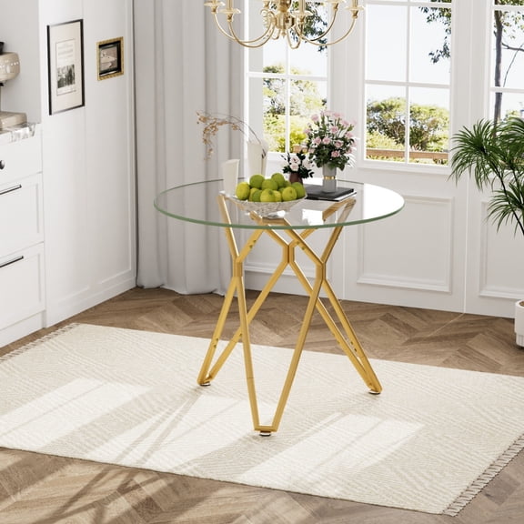 Toauuo 35.4" Round Tempered Glass Dining Table, Gold, Sturdy Metal Legs, Seats 1-4, Space-Saving Small Kitchen Table, Modern Style for Dining Room Living Room Office, Anti-Slip Adjustable Feet