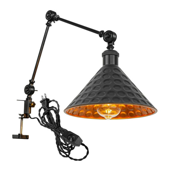 Kiven Dimmable Clip-on Desk Lamp, 1-Light Iron Modern Nightstand Lamp with Flexible Swing Arm, 8.2FT Plug in Cord, Decorative Clamp Lamp for Office Home Bookshelf Bedside,Black(Gold Inner)