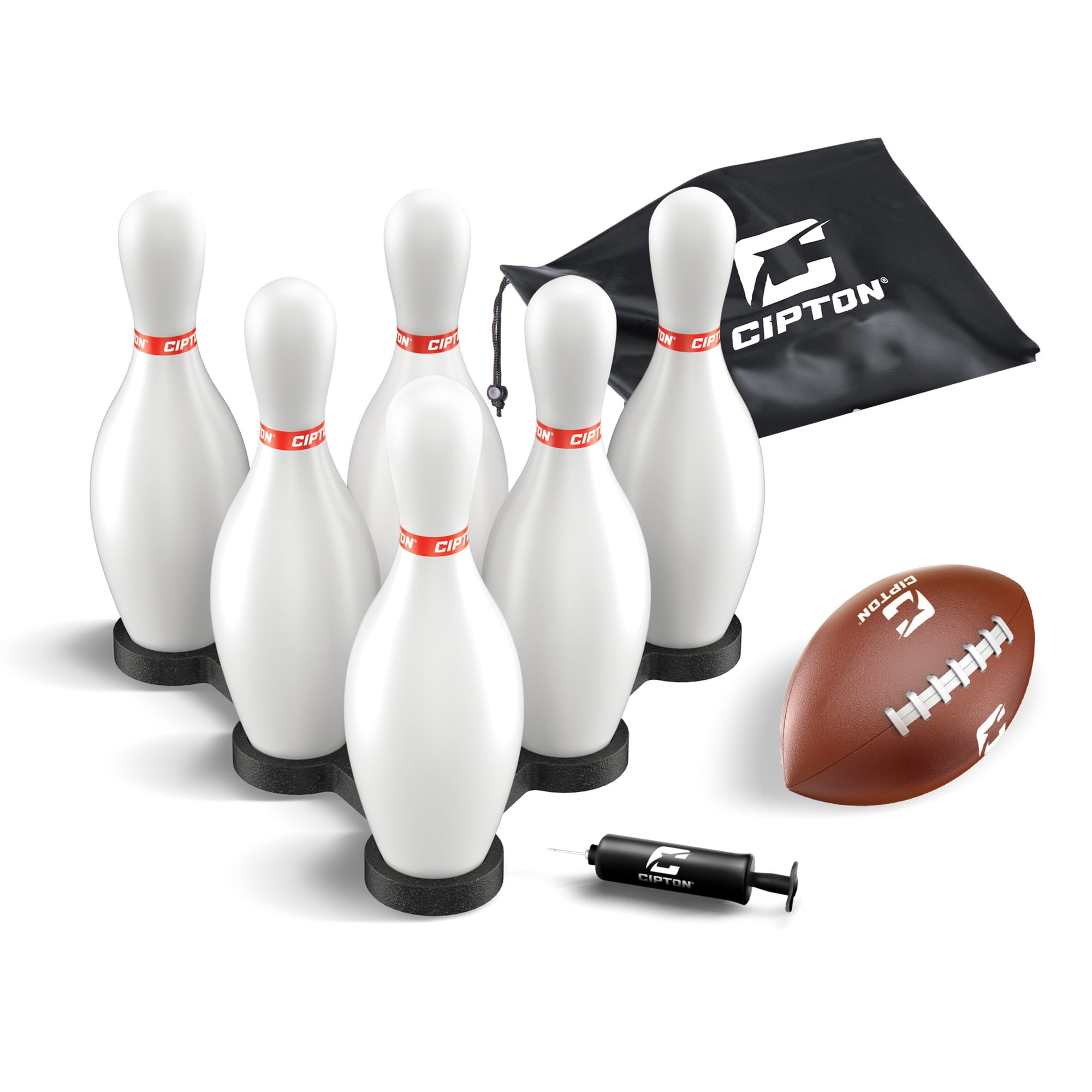 Cipton Strike Football Lawn Game Set – Includes 12 Pins, 2 Target Bases, Football, Air Pump & Carry Bag – Outdoor Bowling Football Game for Backyard, Park, or Beach