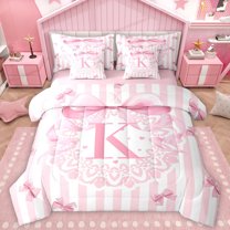 Homewish Kawaii Letter K Twin Bedding Sets 7-Piece for Kids, Cartoon Bowknot Monogrammed Bedding Comforter Set, Girly Pink Stripe Lines Reversible Sheet Sets, Ultra Soft Bedroom Decor