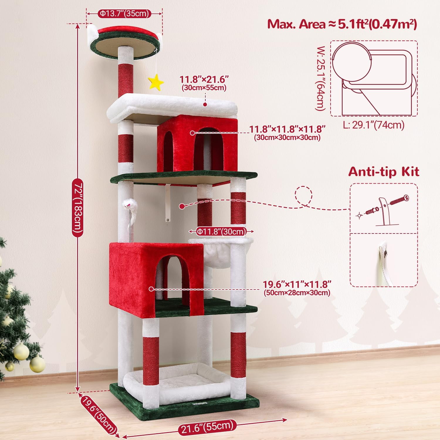 Heavy Duty 72" Cat Tree for Large Cats, Maine Coon Tower with 6 Scratching Posts & Hammock, CT73S, Red White Green