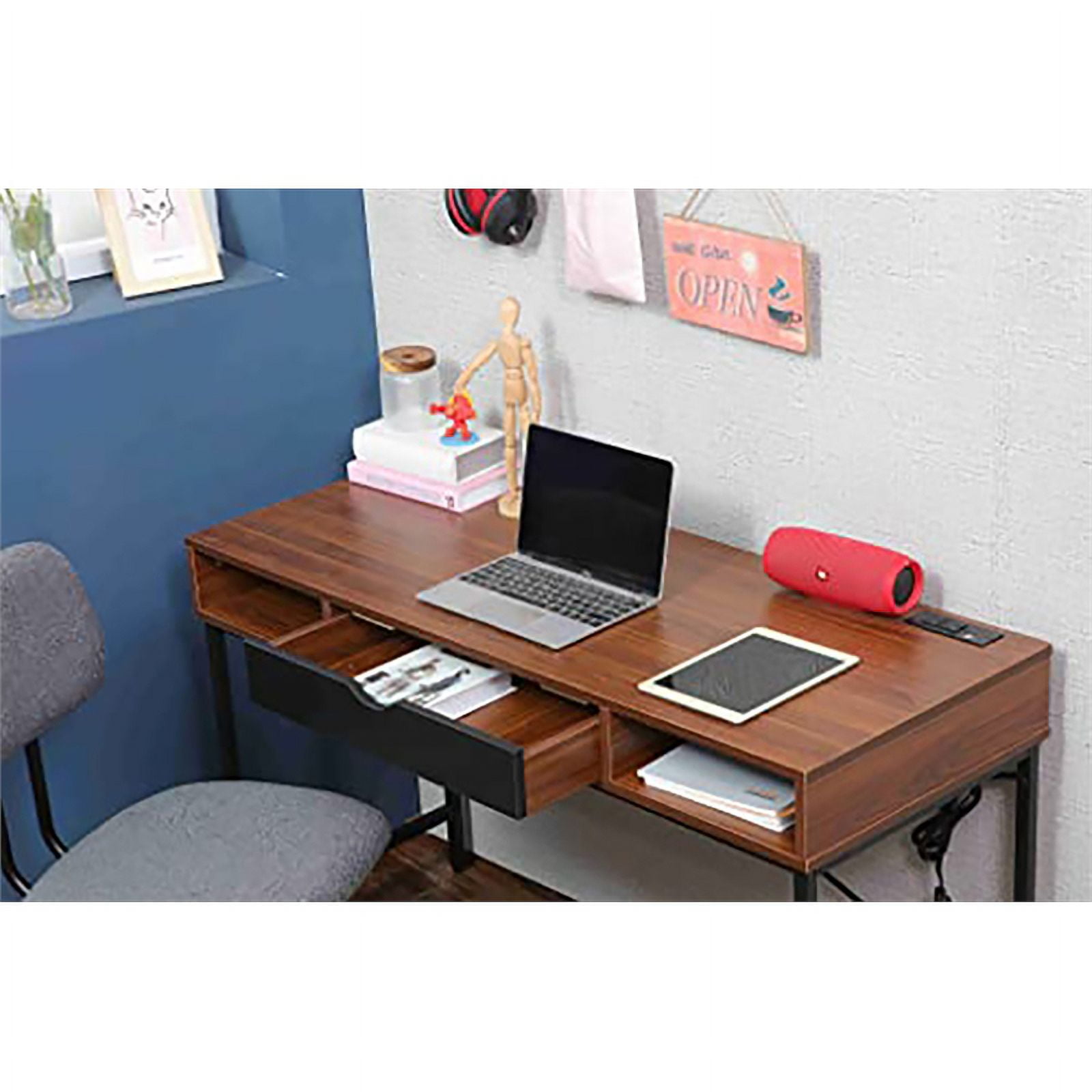 JJS 48' Writing Desk with Power Outlet, Home Office Contemporary Large Computer Desk Laptop Workstation with Drawer USB Ports Charging Station, Brown/Black