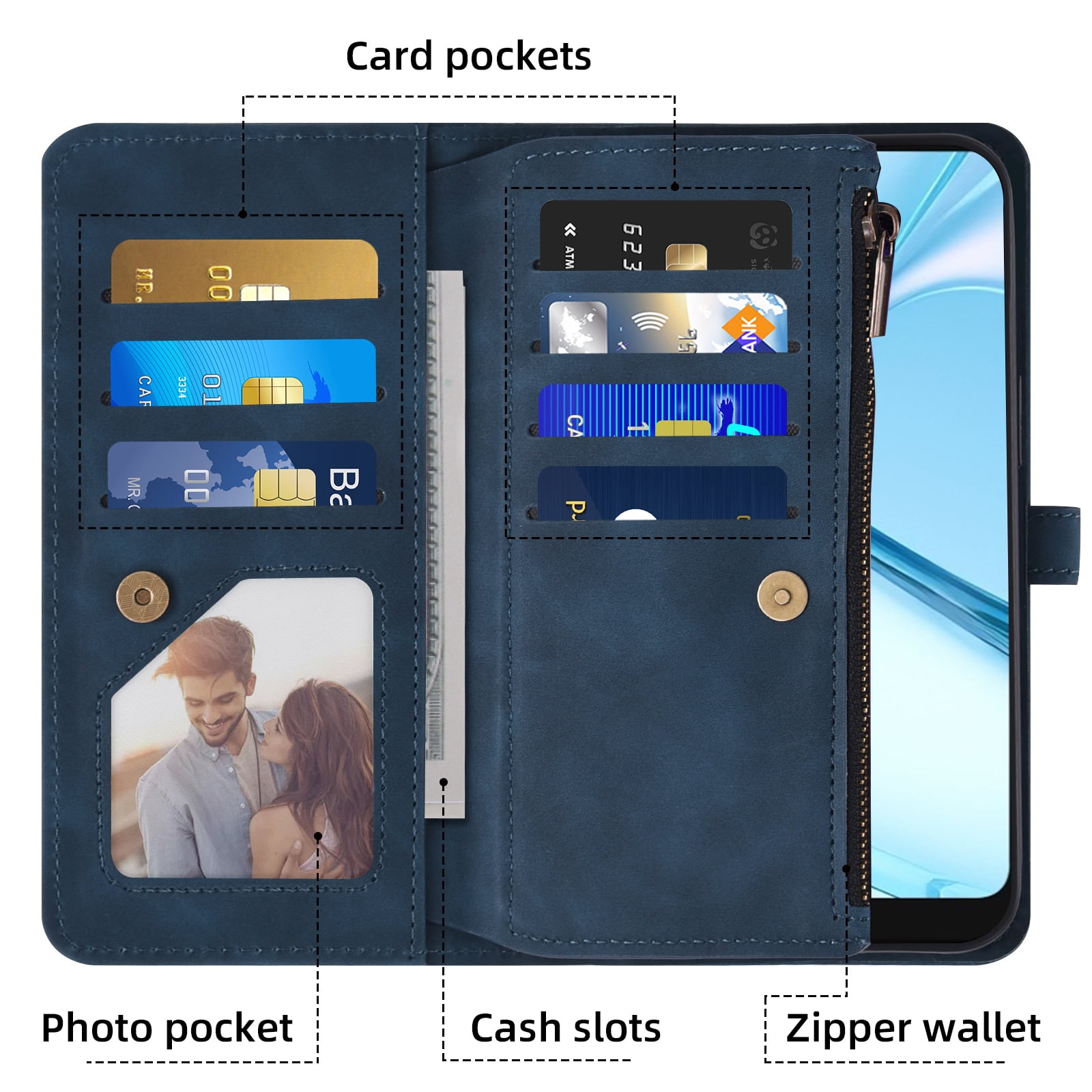 Asuwish Phone Case for Tracfone BLU View 5 Pro B170D Wallet Cover With Tempered Glass Screen Protector Flip Pattern Zipper Credit Card Holder Stand Cell Trac Fone BLUE View5 5Pro 6.74 Women Men Blue
