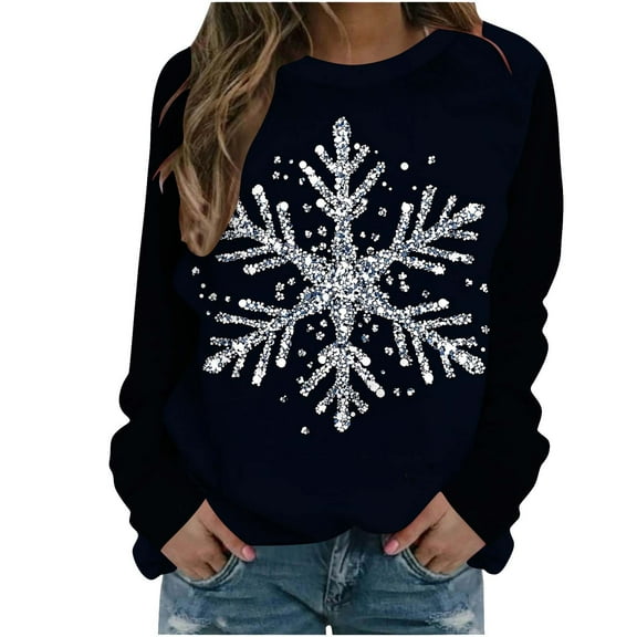 Festive Tops for Women Christmas Outfits Long Sleeve Crewneck Sweatshirt Lightweight Graphic Pullover Holiday Shirt (XL, Navy)
