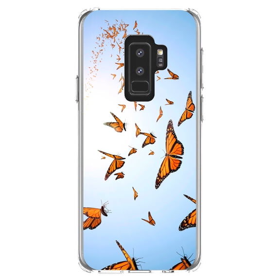DistinctInk Clear Shockproof Hybrid Case for Samsung Galaxy S9  PLUS (6.2" Screen) - TPU Bumper, Acrylic Back, Tempered Glass Screen Protector - Flying Monarch Butterflies
