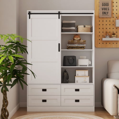 Armoire Wardrobe Closet with Sliding barn Door，Wardrobe Cabinet with 4 Storage Drawers and Hanging Rail,Freestanding Wooden Closet for Bedroom (White)
