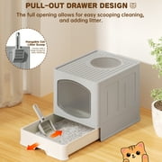 Cshidworld Large Foldable Cat Litter Box with Scoop, Front Entry Top Exit Cat Litter Pan with Lid, Enclosed Anti-Splashing Kitty Litter Box, Drawer Type Cat Litter Easy Cleaning and Scoop, Gray