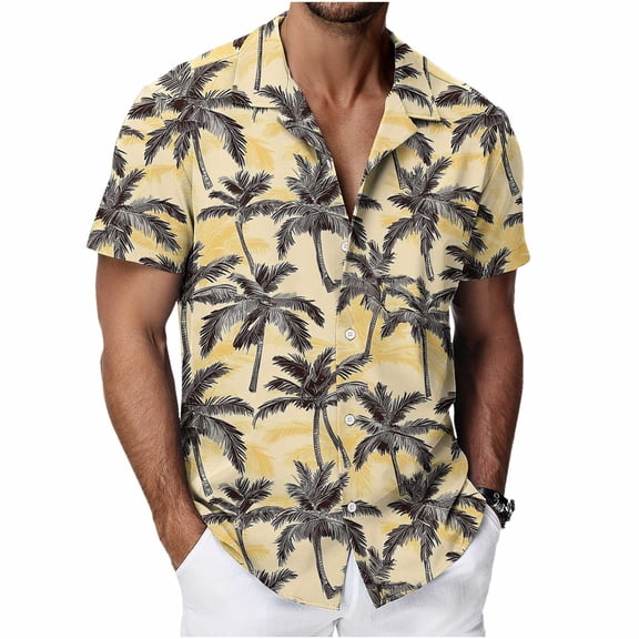 Men's Big&Tall Hawaiian Shirt Tropical Printed Button Down Shirt Short Sleeve Loose Fit Vacation Beach Shirt for Holiday,L,Beige