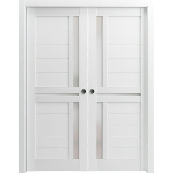 Sliding French Double Pocket Doors 84 x 84 inches | Veregio 7288 White Silk with Frosted Glass | Kit Trims Rail Hardware | Solid Wood Interior Bedroom Sturdy Doors