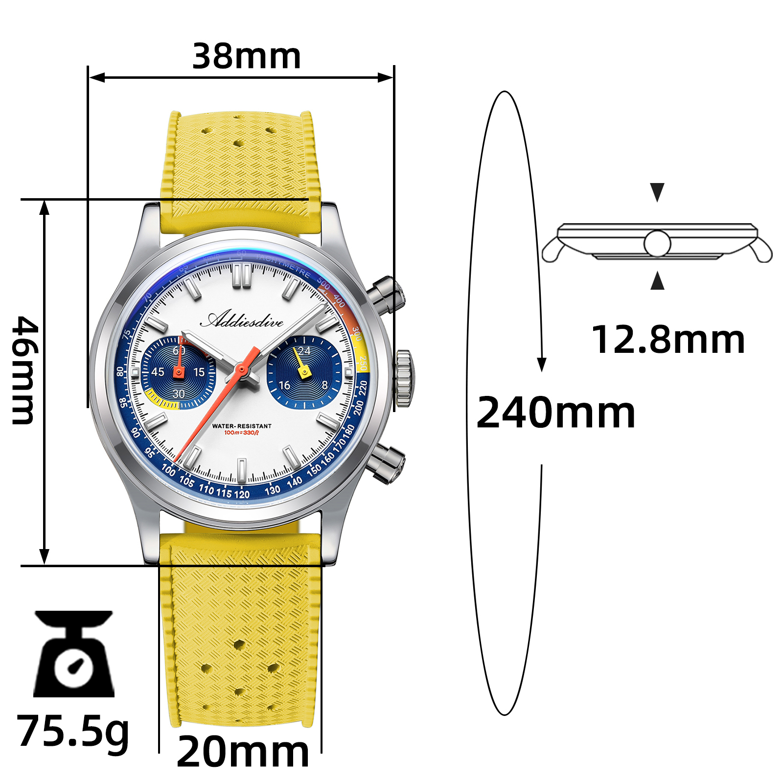 ADDIESDIVE Men's Watch, Stylish Panda Dial Chronograph Watch VK64 Movement 316L Stainless Steel 100M Water Resistant Dive Watch Luminous Analog Quartz Watch for Men
